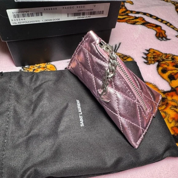 Saint Laurent Metallic Pink Quilted Key Pouch - Picture 3 of 3